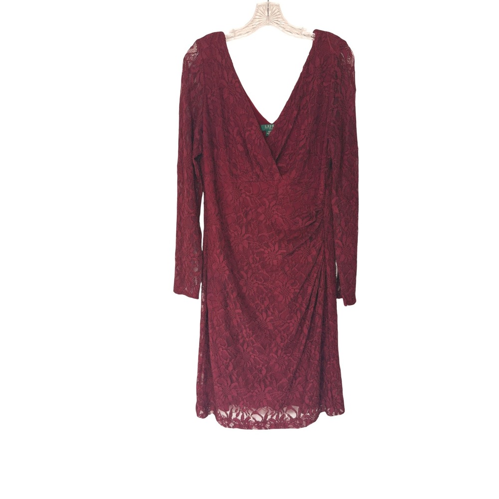 Ralph Lauren Dress Women's Plus Burgundy Lace V-Neck Cocktail‎ Hour Size 16